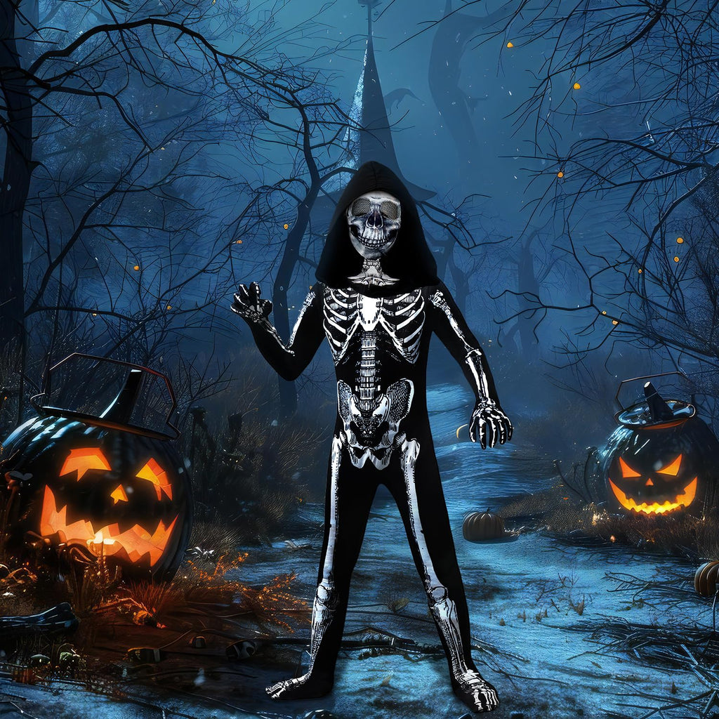 BOMLY Kids Halloween Skeleton Costume – Hooded Jumpsuit with Mask for Boys and Girls
