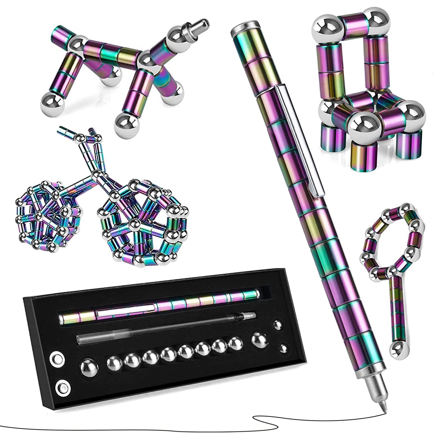 boncty Magnetic Fidget Pen Set - 13 Rings & Steel Balls, Decompression Toy for Stress Relief, Gift for Teens & Adults