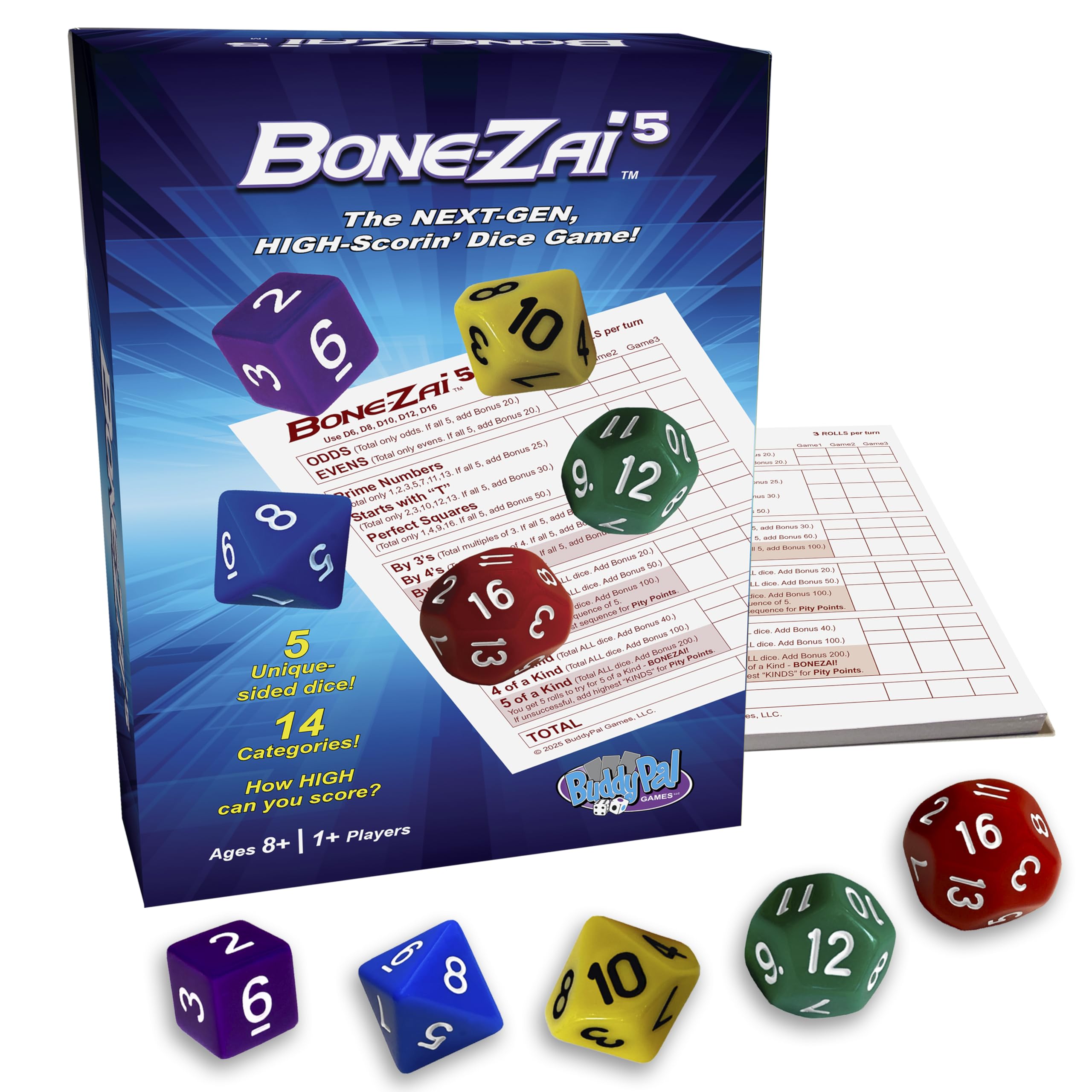 Bone-Zai5 High-Scoring Family Dice Game - 5 RPG Dice, Ages 8+, 1+ Players