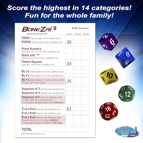 Bone-Zai5 High-Scoring Family Dice Game - 5 RPG Dice, Ages 8+, 1+ Players