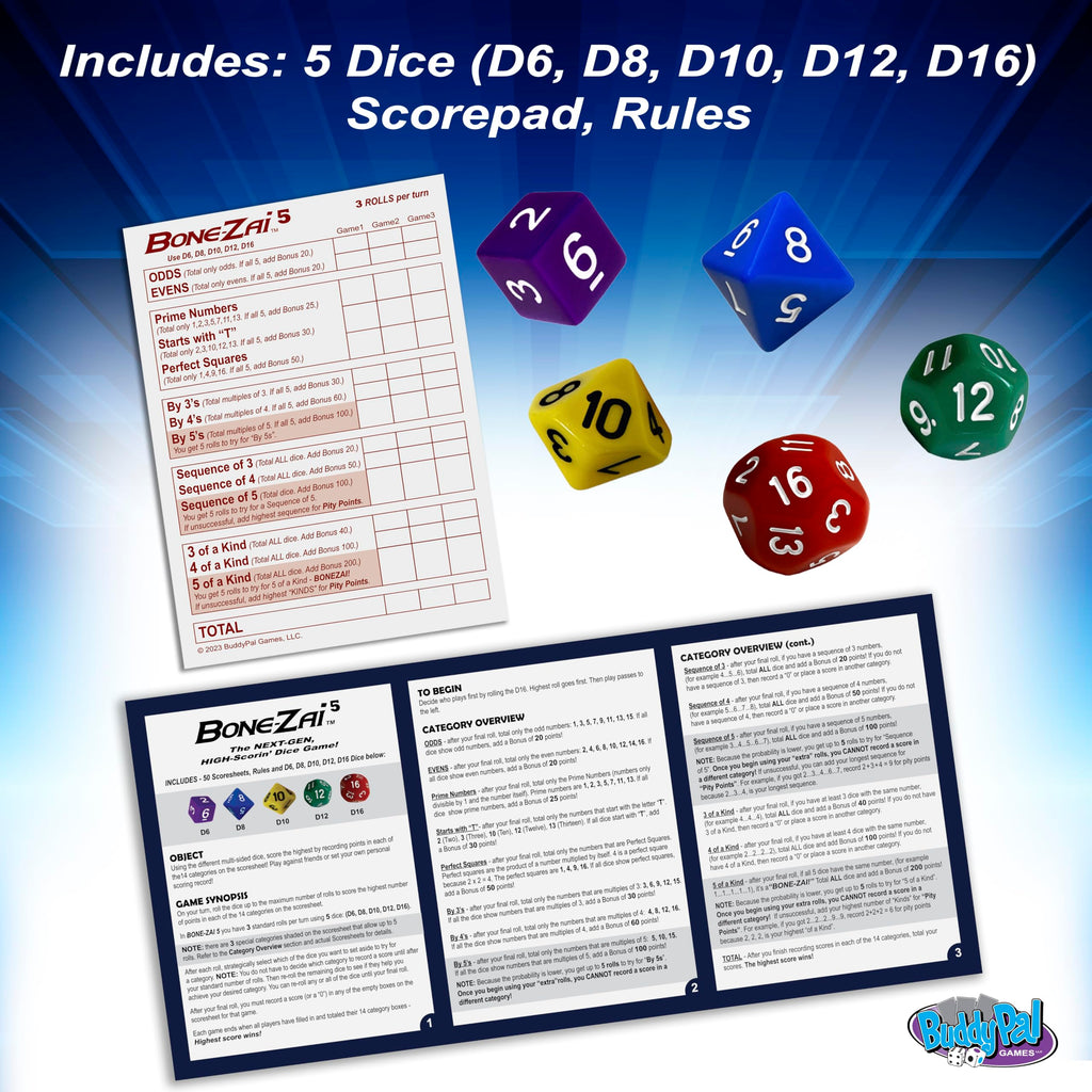 Bone-Zai5 High-Scoring Family Dice Game - 5 RPG Dice, Ages 8+, 1+ Players