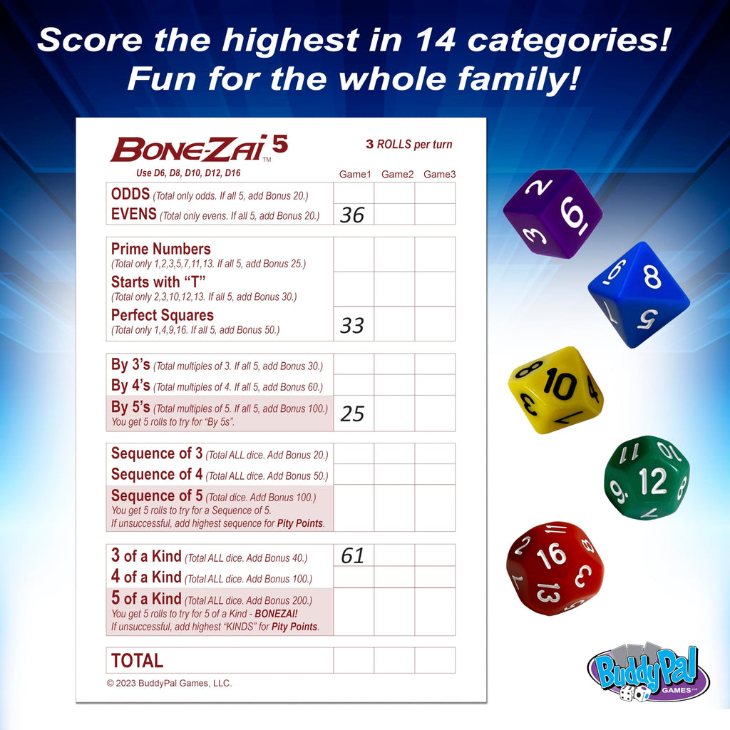 Bone-Zai5 High-Scoring Family Dice Game - 5 RPG Dice, Ages 8+, 1+ Players