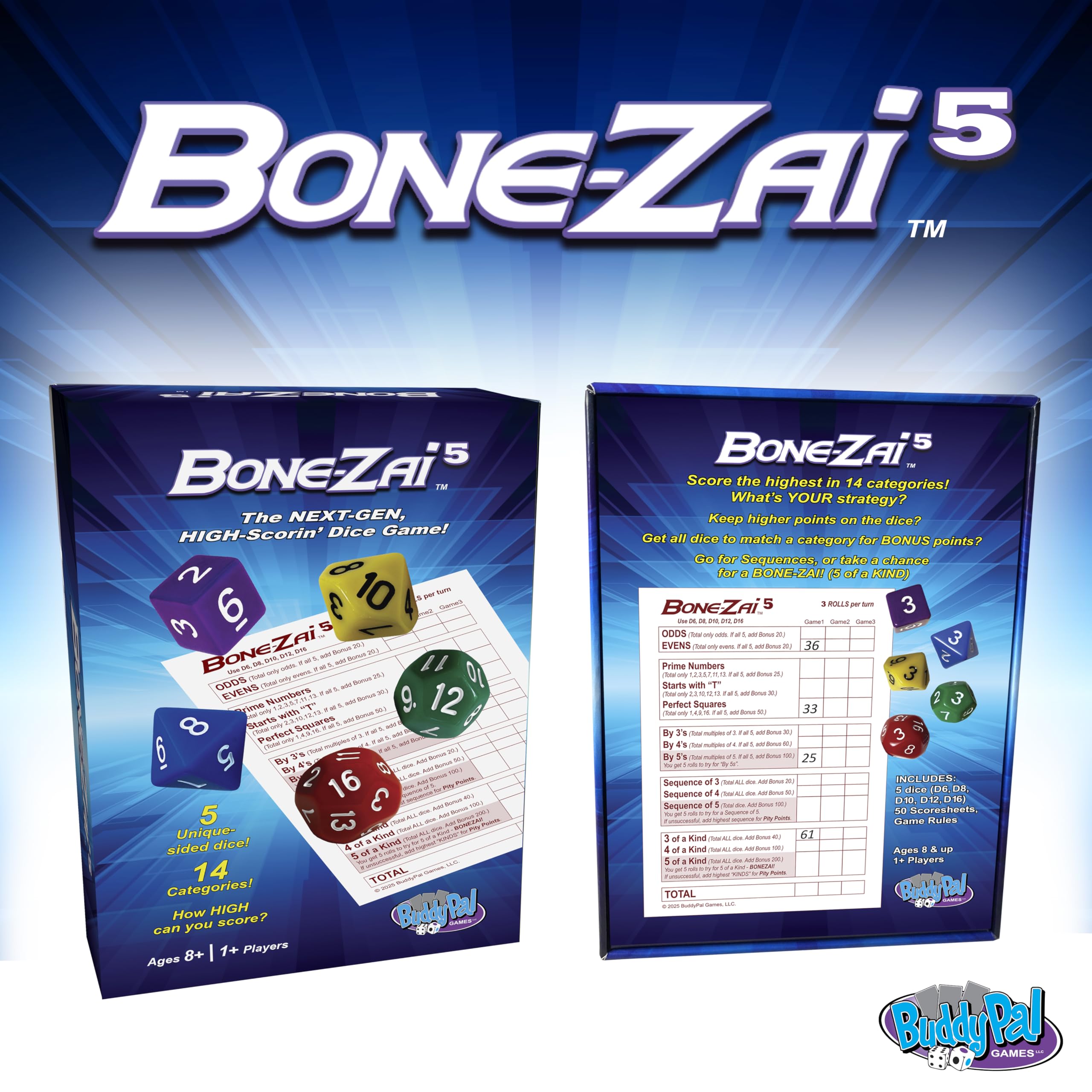 Bone-Zai5 High-Scoring Family Dice Game - 5 RPG Dice, Ages 8+, 1+ Players