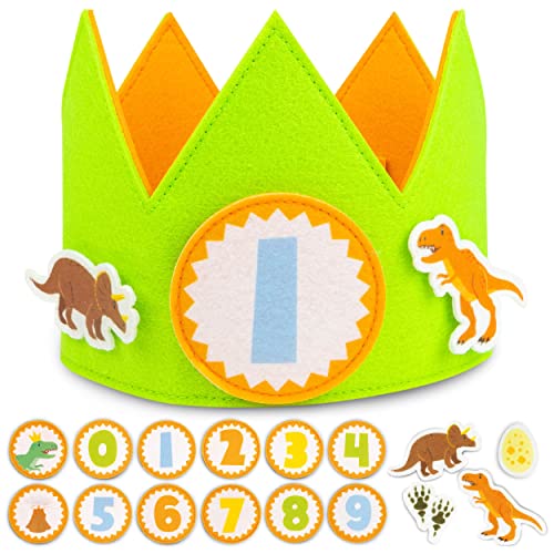 BONNYCO Dinosaur Birthday Crown with Interchangeable Numbers 0-9 and Felt Figures
