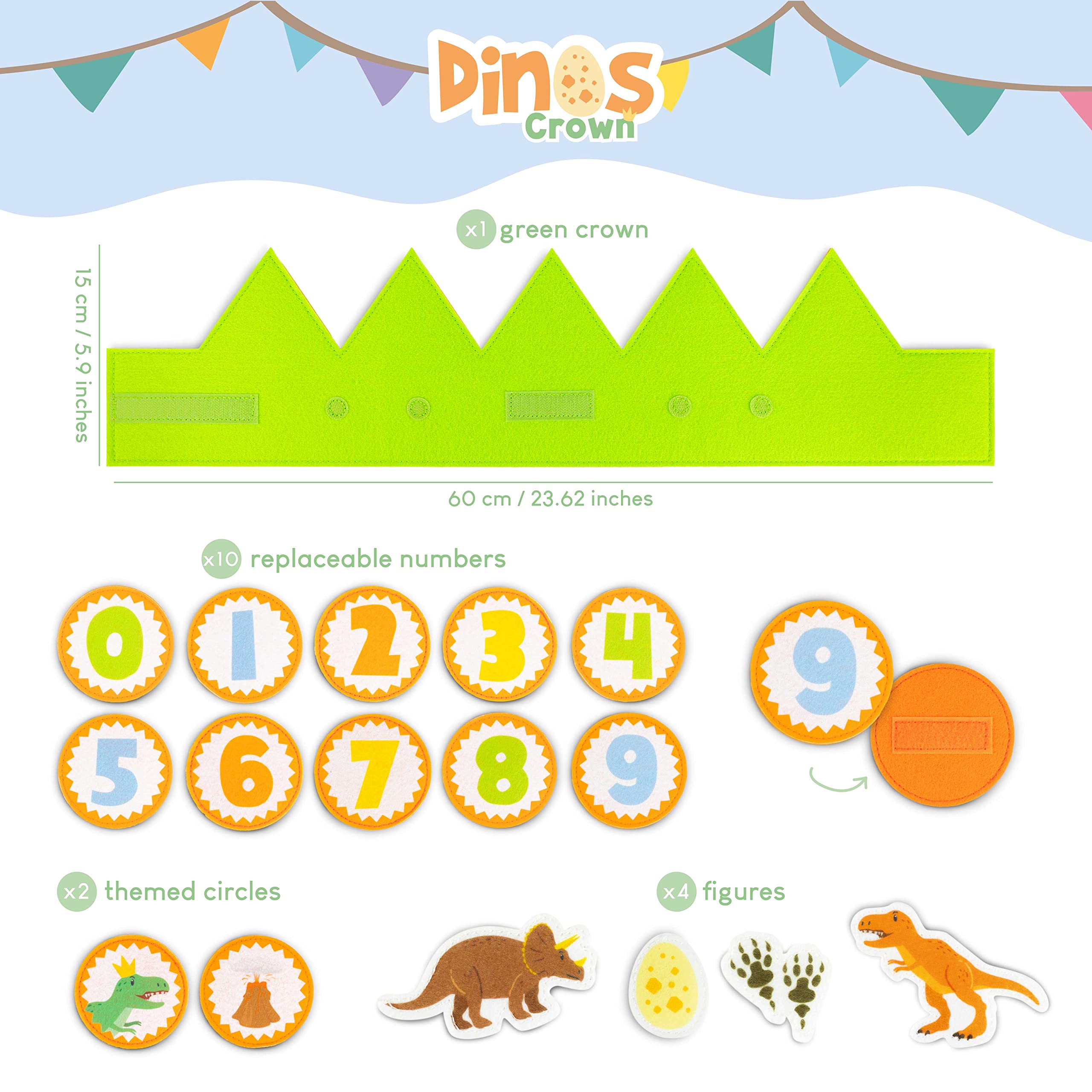 BONNYCO Dinosaur Birthday Crown with Interchangeable Numbers 0-9 and Felt Figures