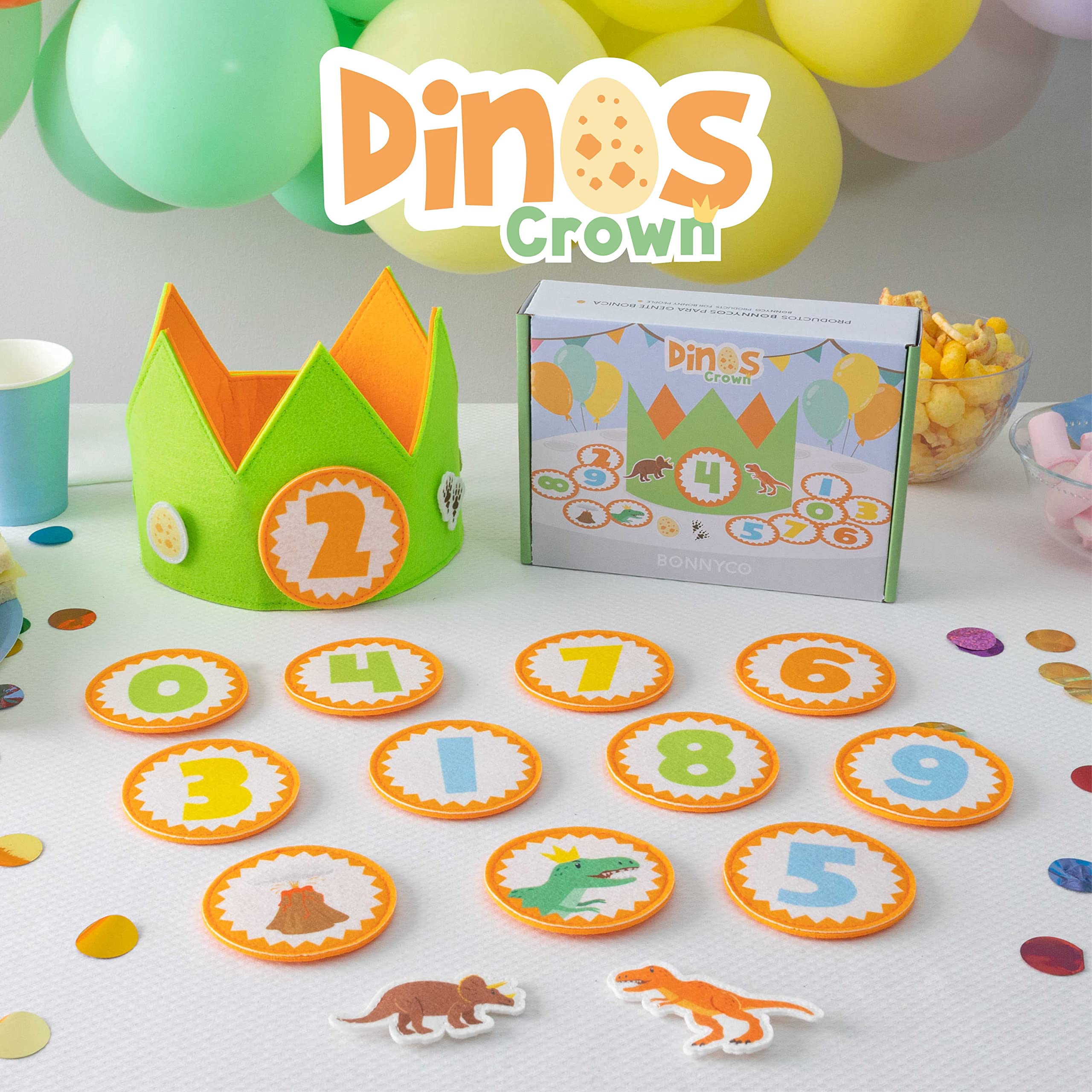 BONNYCO Dinosaur Birthday Crown with Interchangeable Numbers 0-9 and Felt Figures
