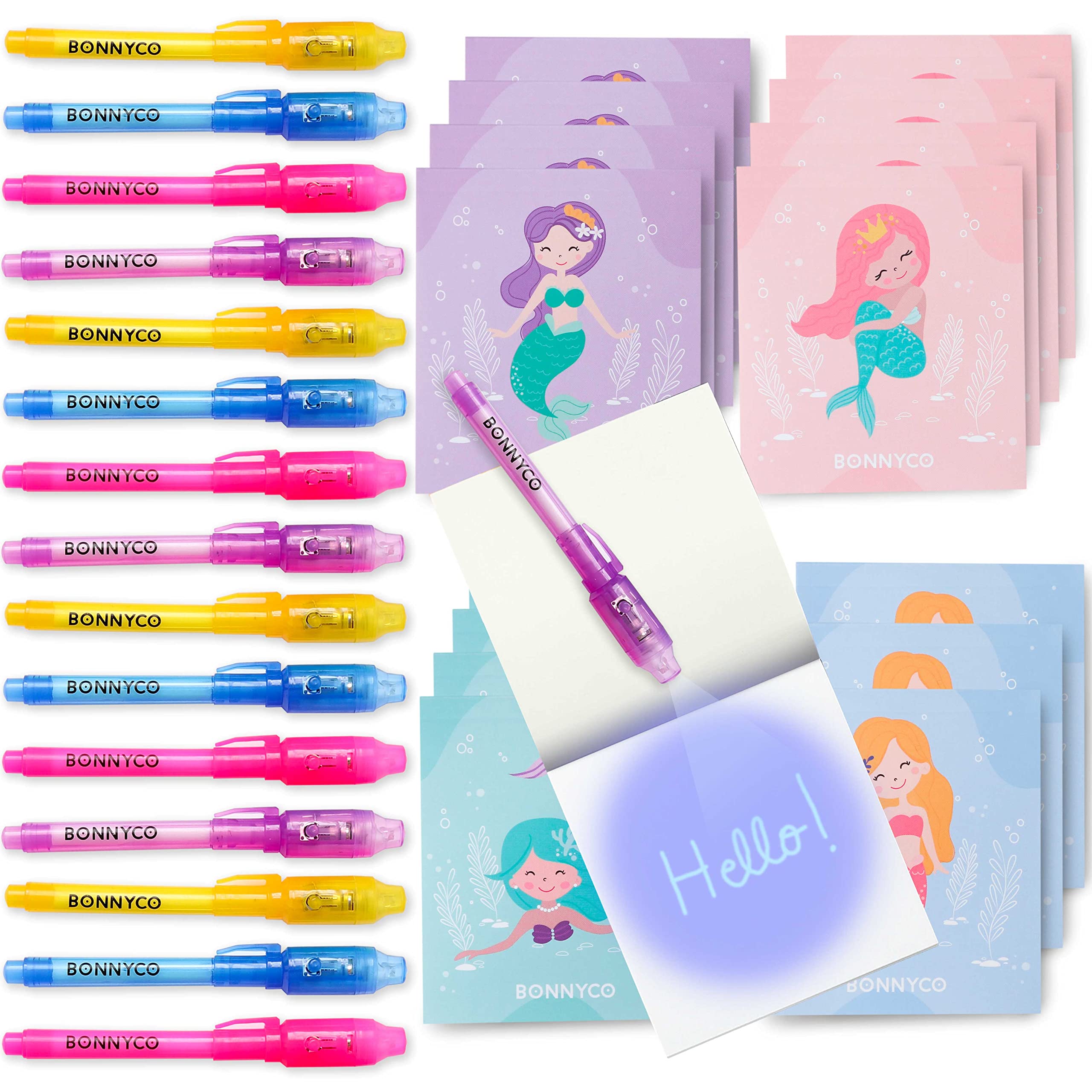 BONNYCO Invisible Ink Pen and Notebook Pack of 16 – Mermaid Spy Party Favors with UV Light
