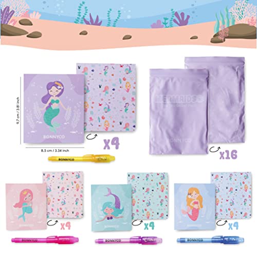 BONNYCO Invisible Ink Pen and Notebook Pack of 16 – Mermaid Spy Party Favors with UV Light