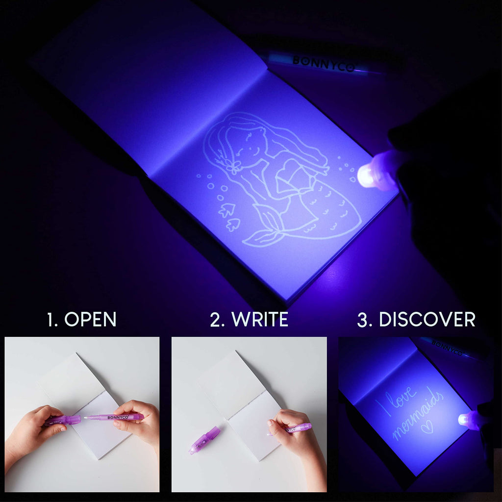 BONNYCO Invisible Ink Pen and Notebook Pack of 16 – Mermaid Spy Party Favors with UV Light