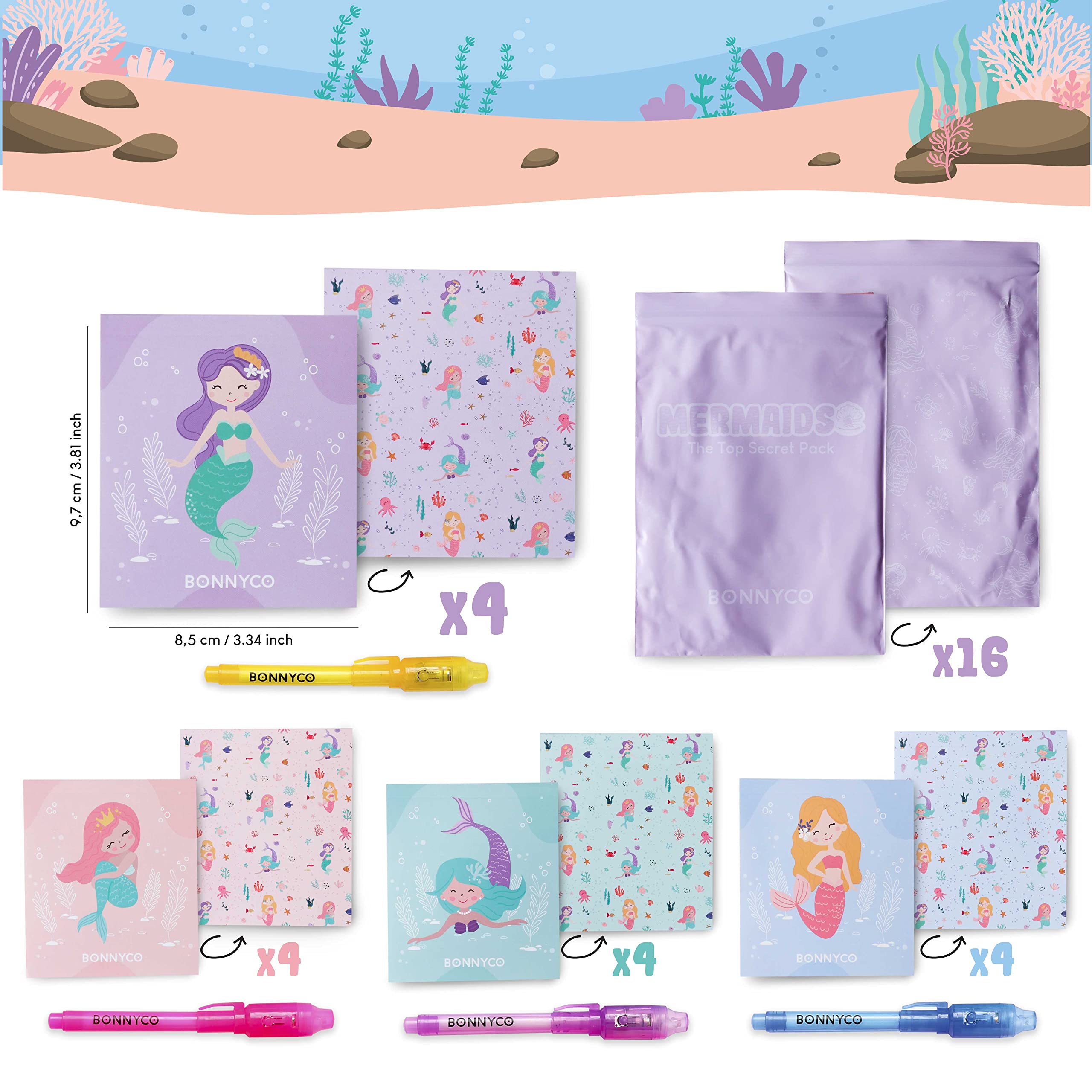 BONNYCO Invisible Ink Pen and Notebook Pack of 16 – Mermaid Spy Party Favors with UV Light