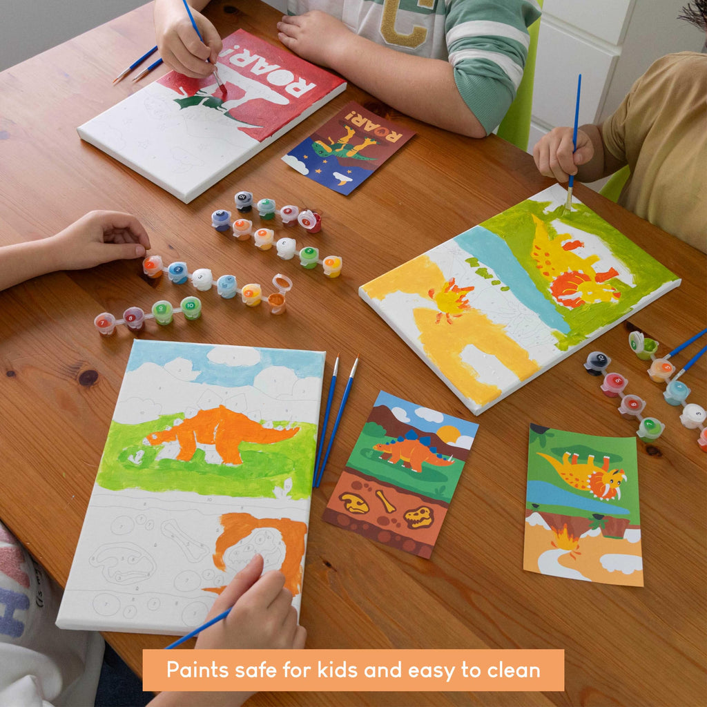 BONNYCO Paint by Numbers Kit for Kids – Dinosaurs Pack of 3 Canvases with Glow-in-the-Dark Paints