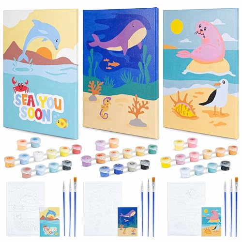 BONNYCO Paint by Numbers Kit for Kids Sea Animals – Pack of 3 Framed Canvases with Glow-in-the-Dark Paint