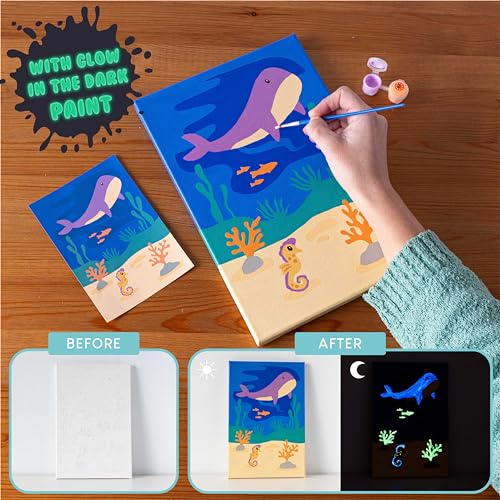 BONNYCO Paint by Numbers Kit for Kids Sea Animals – Pack of 3 Framed Canvases with Glow-in-the-Dark Paint