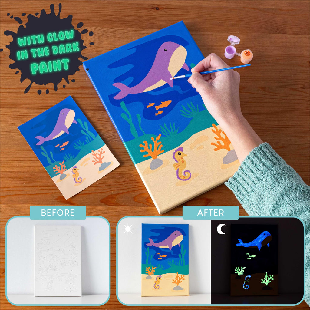 BONNYCO Paint by Numbers Kit for Kids Sea Animals – Pack of 3 Framed Canvases with Glow-in-the-Dark Paint
