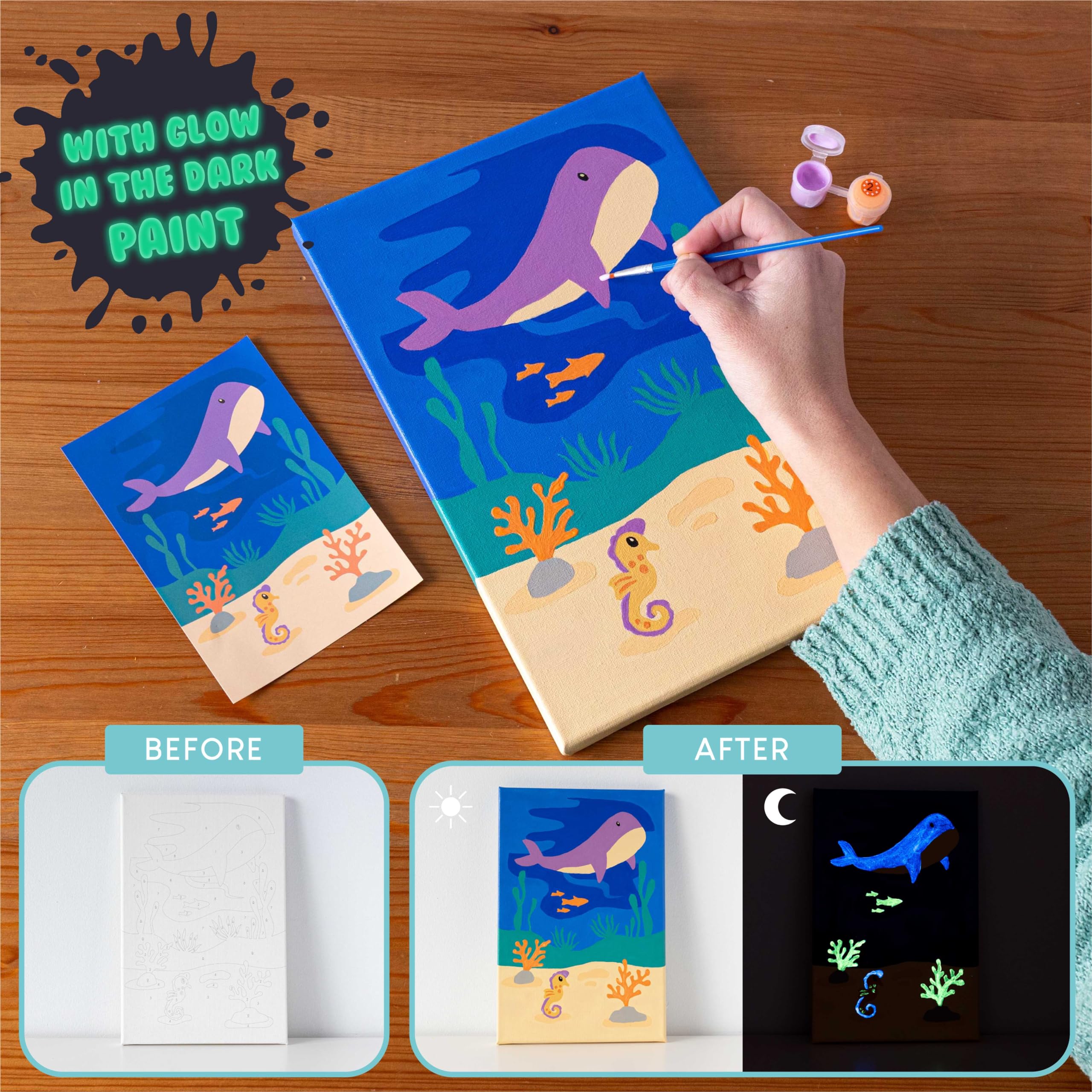 BONNYCO Paint by Numbers Kit for Kids Sea Animals – Pack of 3 Framed Canvases with Glow-in-the-Dark Paint