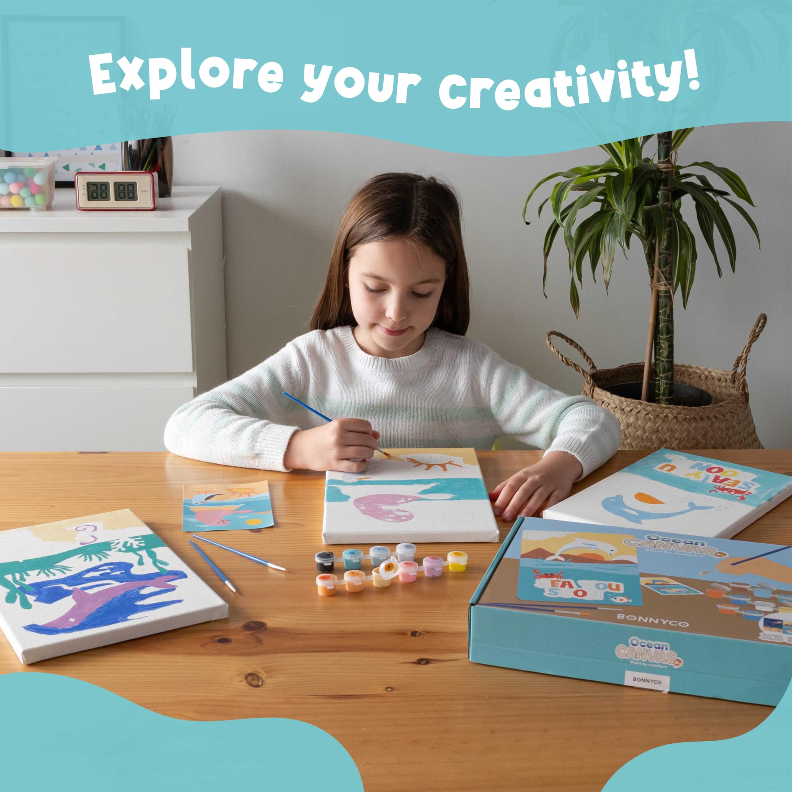 BONNYCO Paint by Numbers Kit for Kids Sea Animals – Pack of 3 Framed Canvases with Glow-in-the-Dark Paint