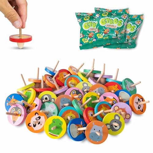 BONNYCO Wood Spinning Tops 40-Pack – Jungle Animal Party Favors for Kids 3+