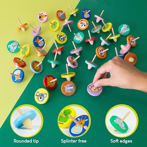 BONNYCO Wood Spinning Tops 40-Pack – Jungle Animal Party Favors for Kids 3+