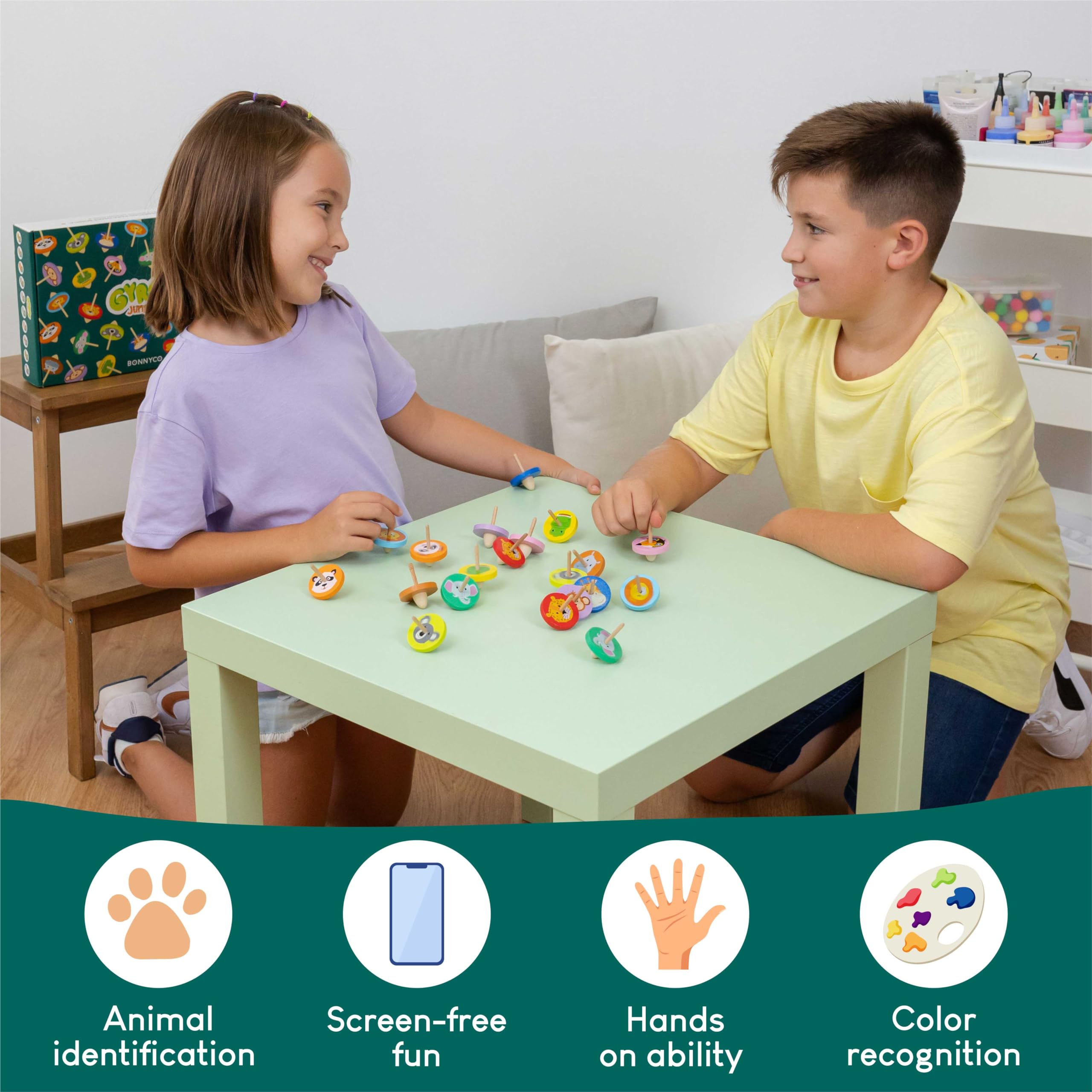 BONNYCO Wood Spinning Tops 40-Pack – Jungle Animal Party Favors for Kids 3+