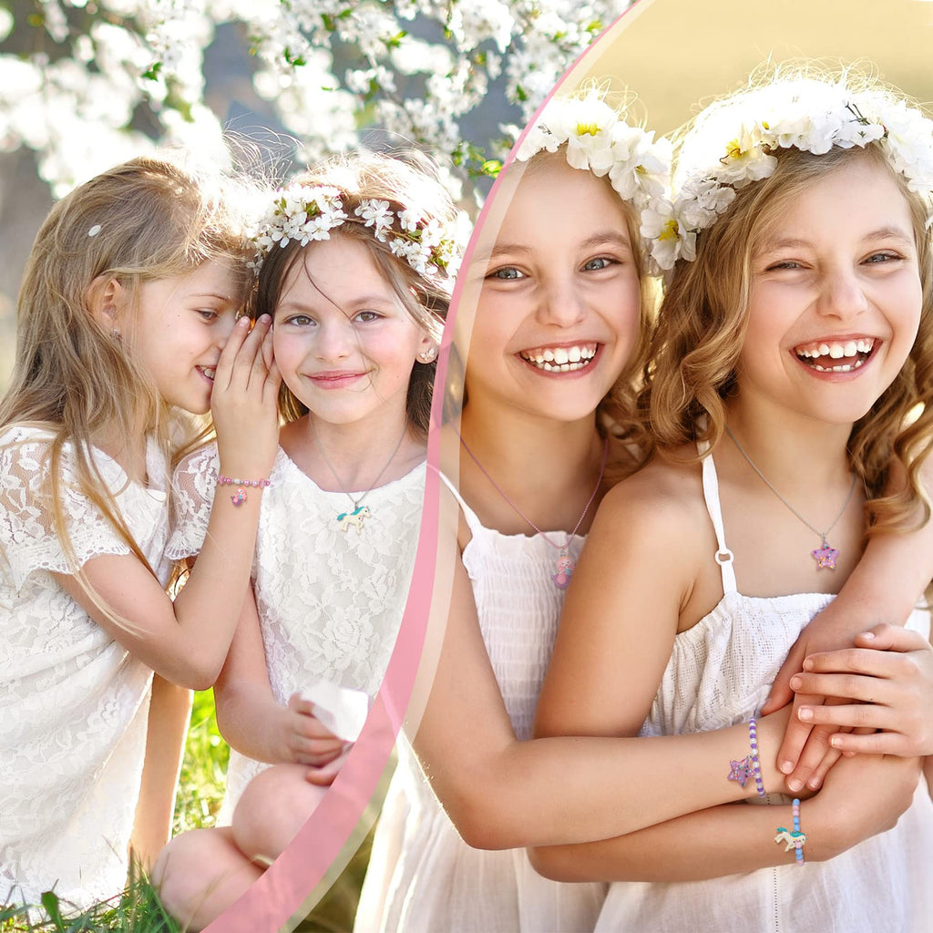Bonuci 12-Piece Unicorn Mermaid Rainbow Necklace & Bracelet Set for Girls | Dress-Up Jewelry