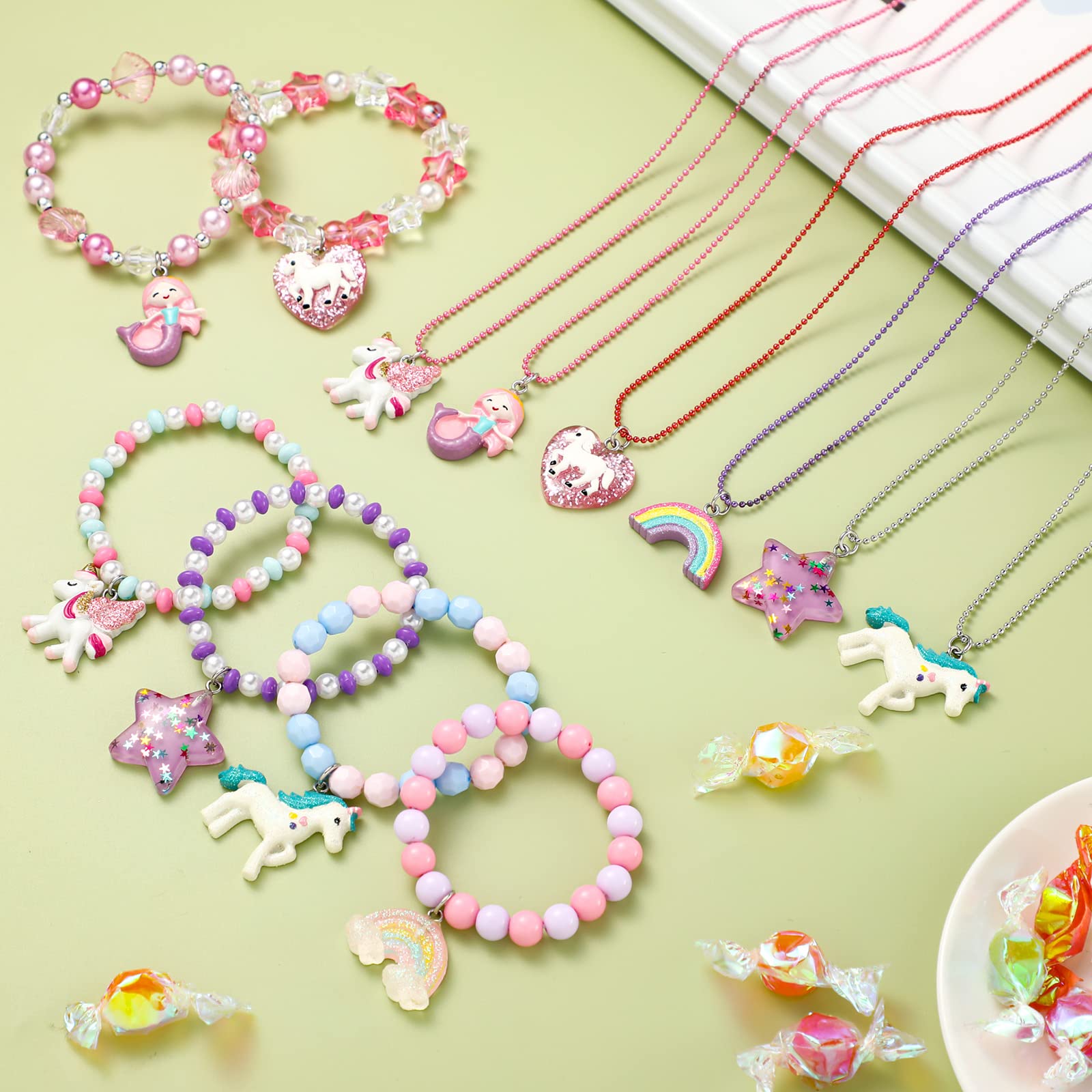 Bonuci 12-Piece Unicorn Mermaid Rainbow Necklace & Bracelet Set for Girls | Dress-Up Jewelry
