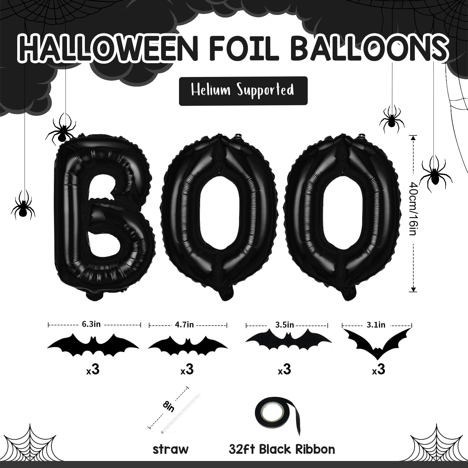 BOO Foil Balloons Set with 3D Bats - 16 Inch Halloween Banner Kit for Spooky Party Decor
