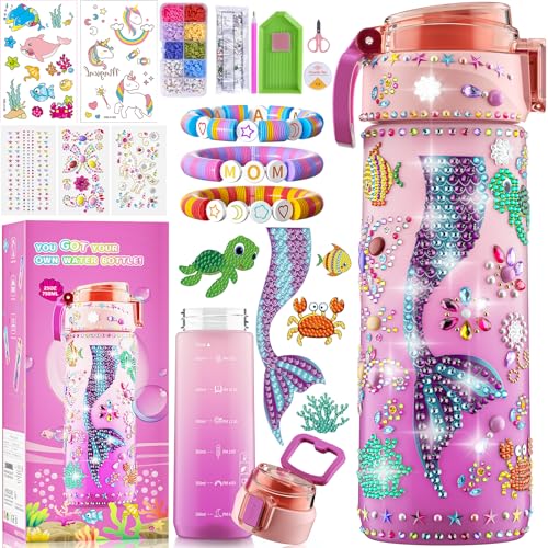 BOOH DIY Mermaid Water Bottle Kit for Girls – Craft Kit with Bracelet Making, Diamond Stickers, and Leakproof Water Bottle Ages 4-12