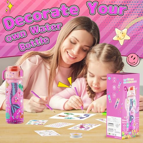 BOOH DIY Mermaid Water Bottle Kit for Girls – Craft Kit with Bracelet Making, Diamond Stickers, and Leakproof Water Bottle Ages 4-12