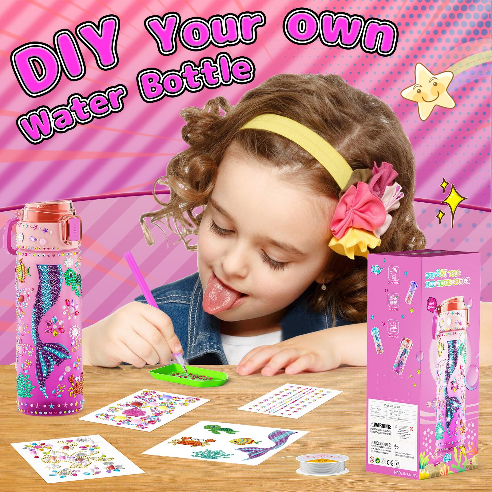 BOOH DIY Mermaid Water Bottle Kit for Girls – Craft Kit with Bracelet Making, Diamond Stickers, and Leakproof Water Bottle Ages 4-12