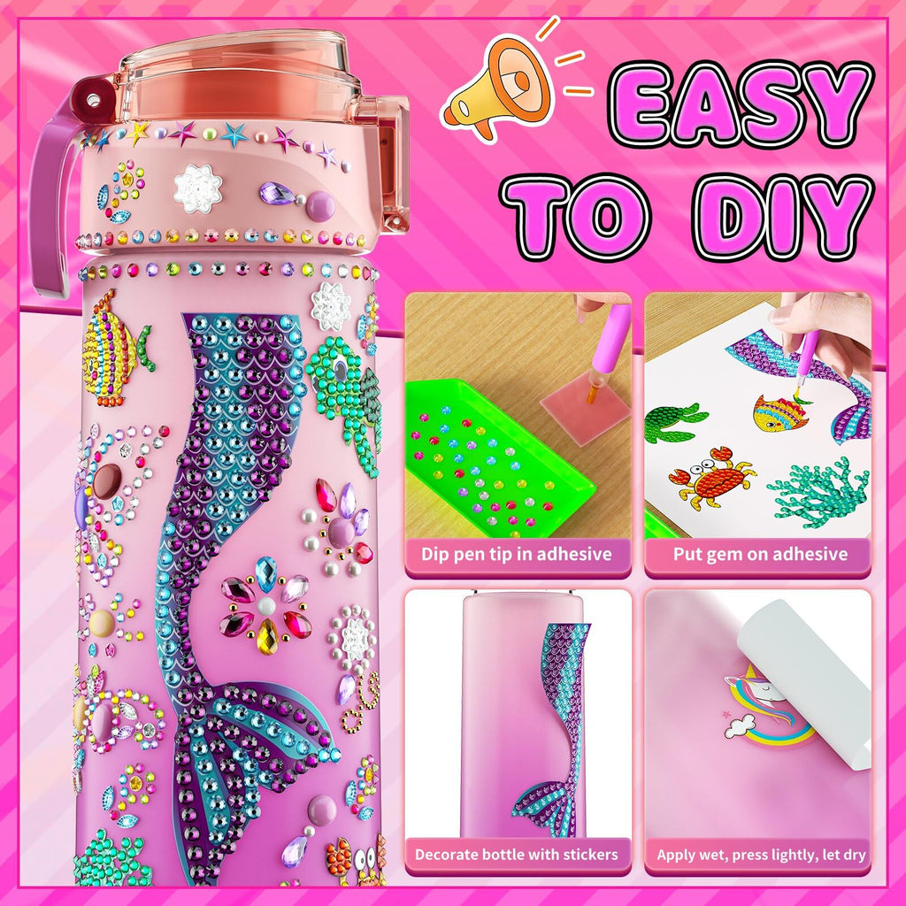 BOOH DIY Mermaid Water Bottle Kit for Girls – Craft Kit with Bracelet Making, Diamond Stickers, and Leakproof Water Bottle Ages 4-12