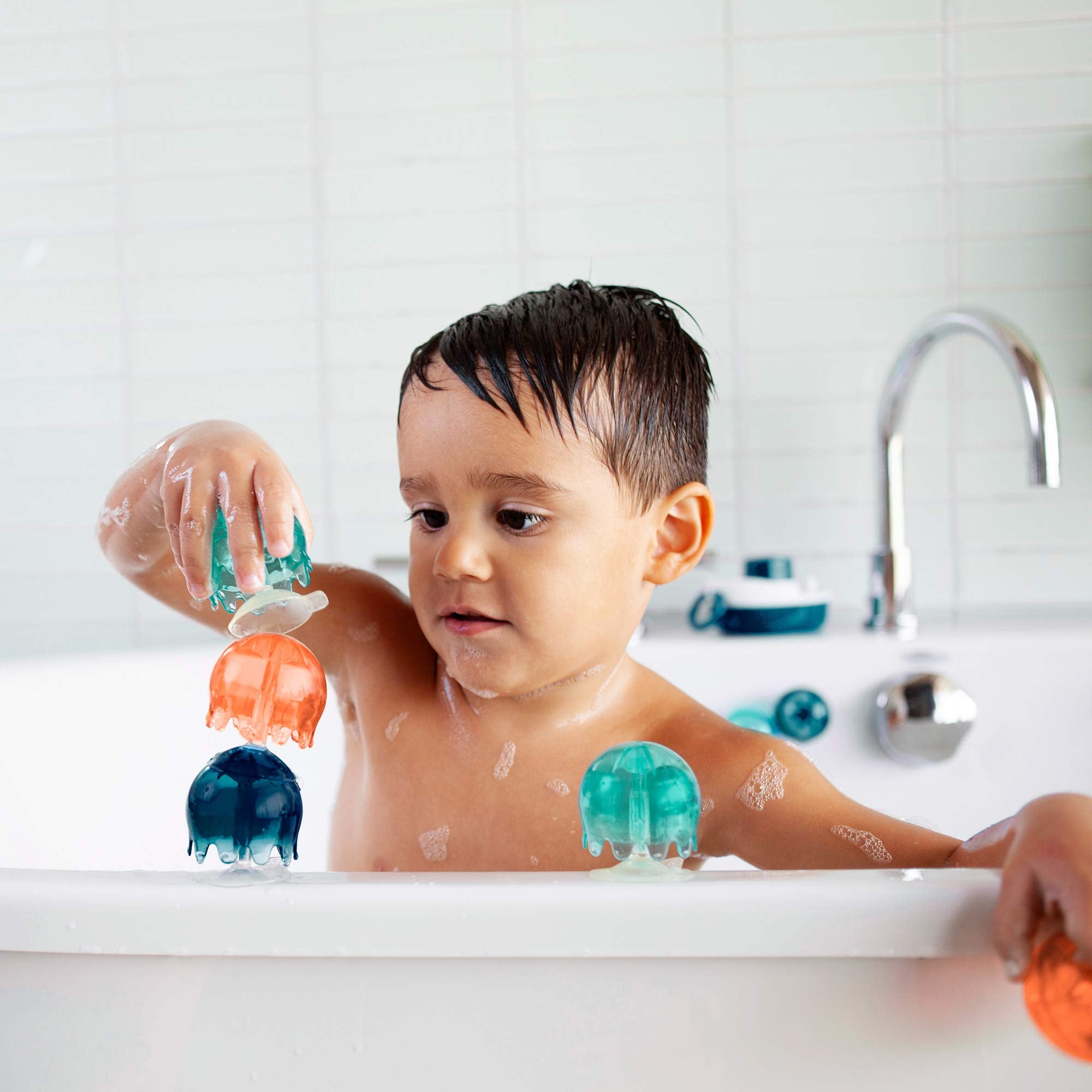 Boon Jellies Suction Cup Bath Toys – 9 Jellyfish for Sensory Play, Navy/Coral, Ages 12 Months+