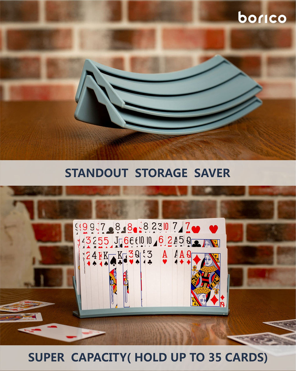 BORICO 2-Pack Blue Card Holders for Playing Cards – Slanted Design, Holds 35 Cards, Stackable with Travel Pouch