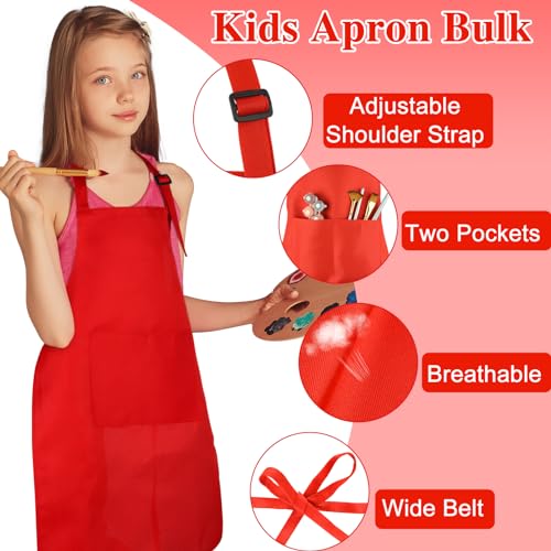 BOUBONI 6 Pack Kids Aprons - Adjustable Chef Aprons with Pockets for Painting, Cooking, Baking, Crafting (6 Colors)