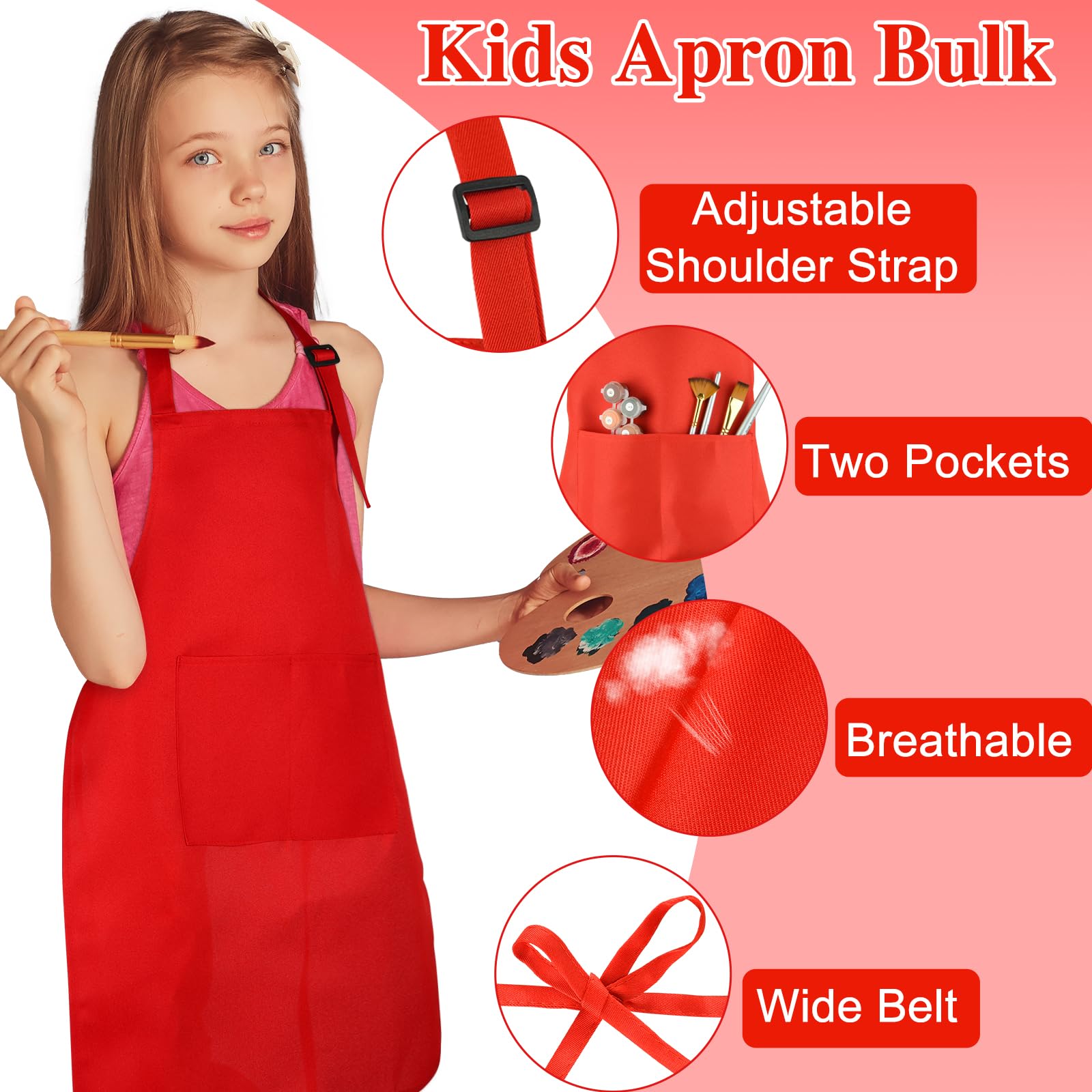 BOUBONI 6 Pack Kids Aprons - Adjustable Chef Aprons with Pockets for Painting, Cooking, Baking, Crafting (6 Colors)