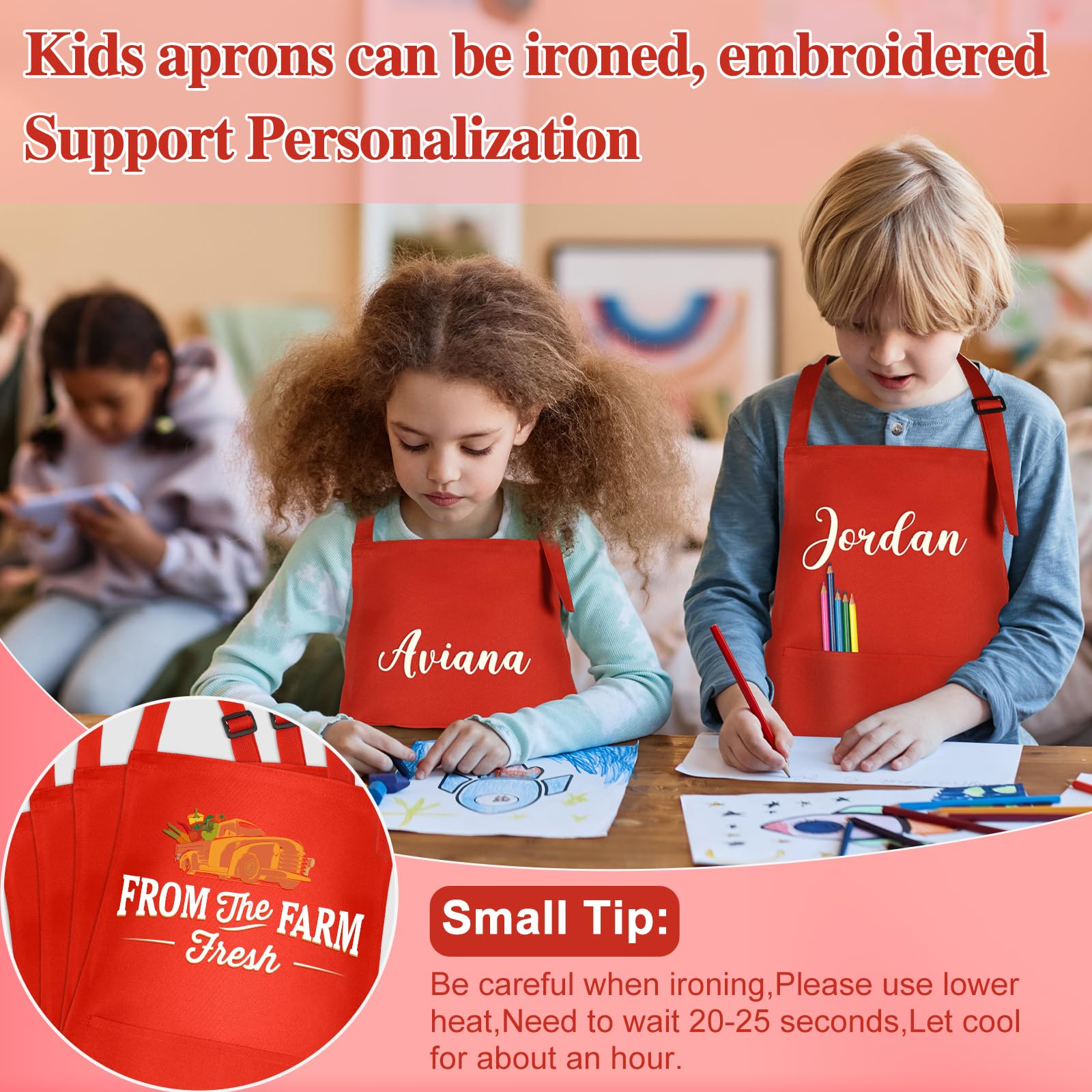 BOUBONI 6 Pack Kids Aprons - Adjustable Chef Aprons with Pockets for Painting, Cooking, Baking, Crafting (6 Colors)
