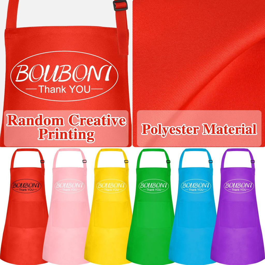 BOUBONI 6 Pack Kids Aprons - Adjustable Chef Aprons with Pockets for Painting, Cooking, Baking, Crafting (6 Colors)