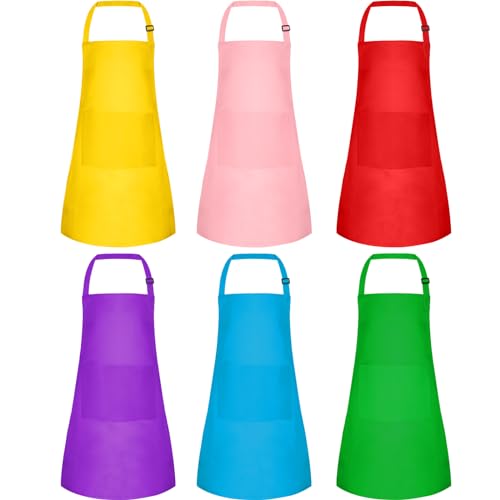 BOUBONI 6 Pack Kids Aprons - Adjustable Chef Aprons with Pockets for Painting, Cooking, Baking, Crafting (6 Colors)