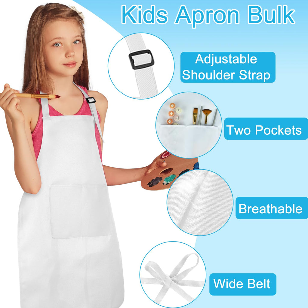 BOUBONI 6 Pack Kids Aprons with Pockets – Adjustable Chef Art Aprons for Painting, Cooking, Baking (White)