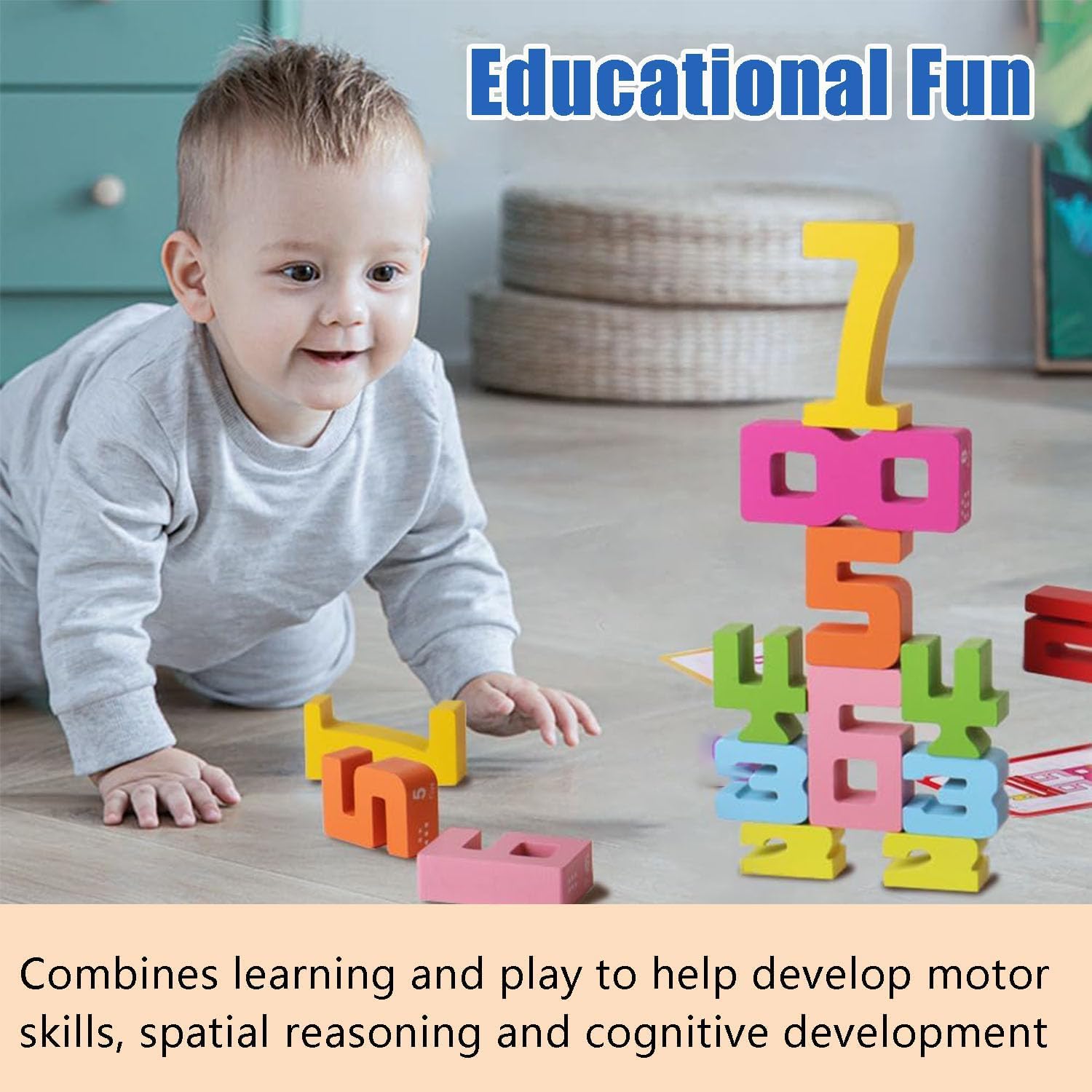 BOVVSKY Wooden Number Building Blocks - Montessori Math Learning Toy with 20 Blocks & 15 Cards