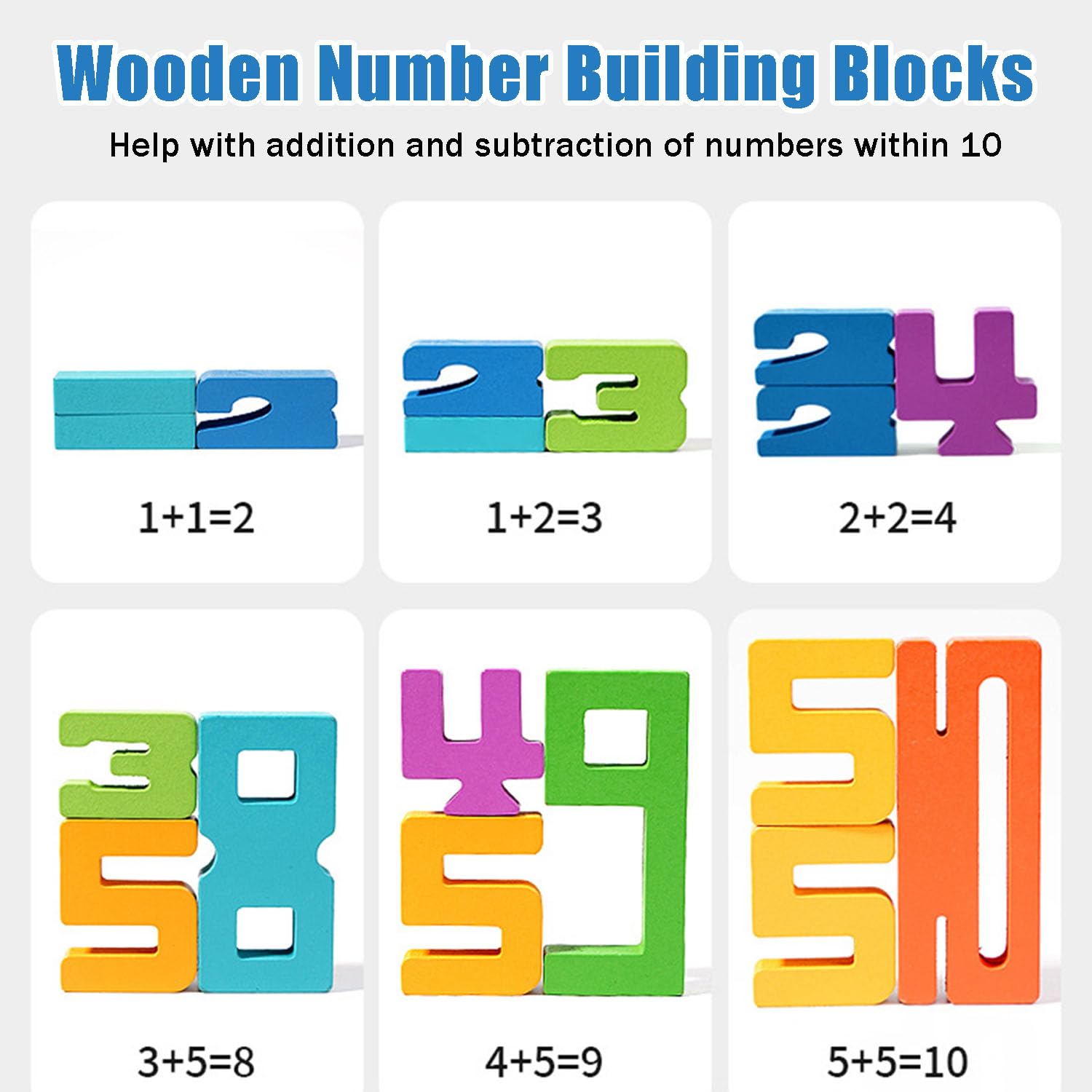 BOVVSKY Wooden Number Building Blocks - Montessori Math Learning Toy with 20 Blocks & 15 Cards