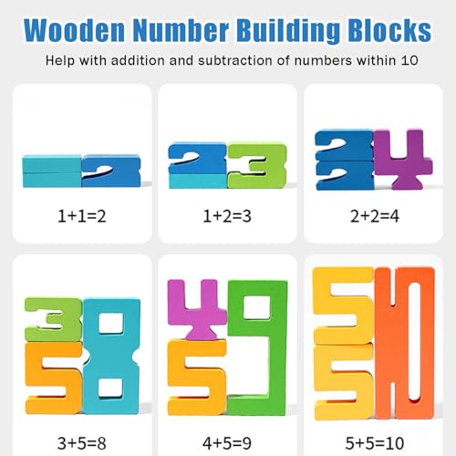 BOVVSKY Wooden Number Building Blocks - Montessori Math Learning Toy with 20 Blocks & 15 Cards