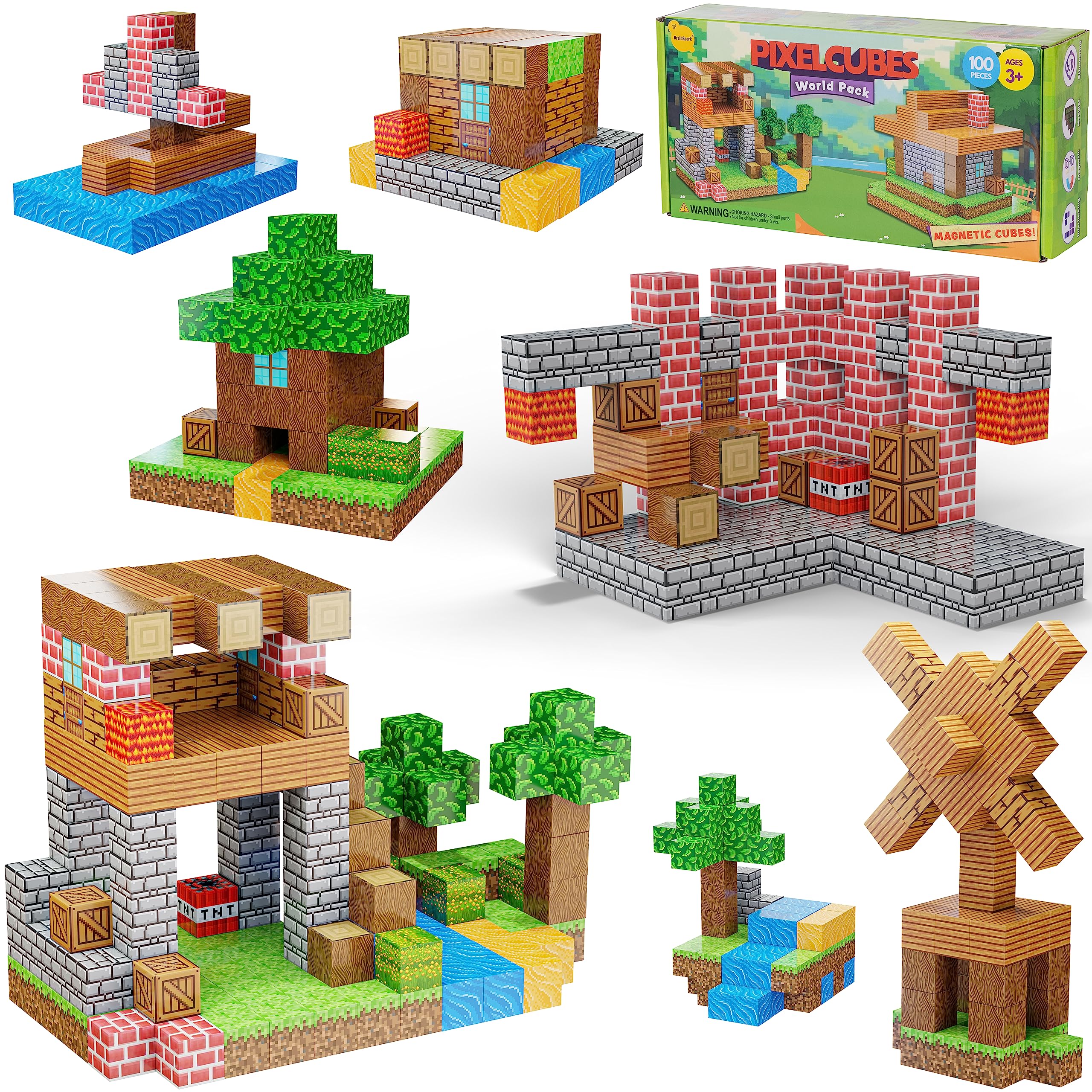 BrainSpark 100-Piece Magnetic Pixel Cubes – World-Themed STEM Building Blocks for Kids Ages 3-9