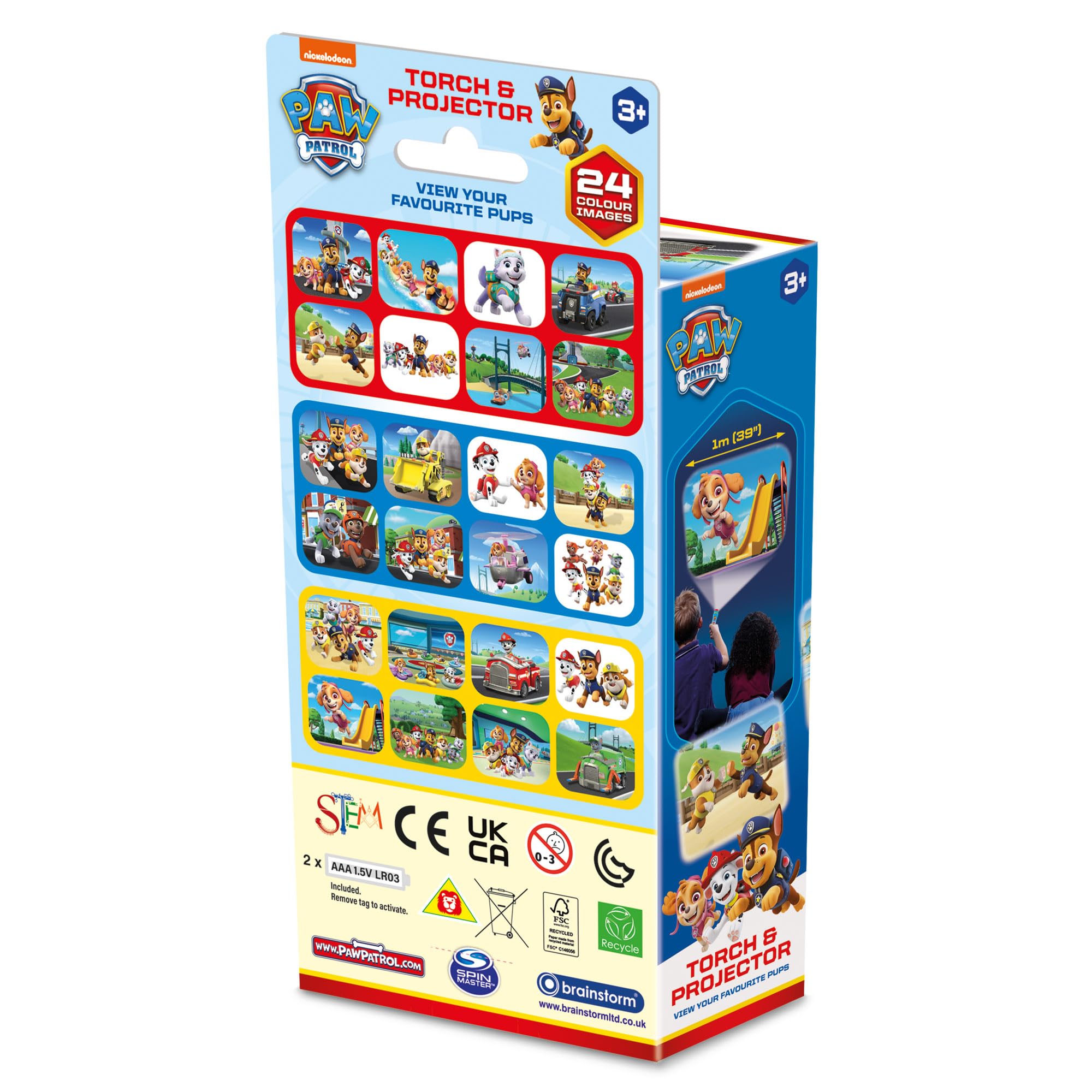Brainstorm Toys Paw Patrol Torch & Projector – Handheld Flashlight with 24 Color Image Discs, Ages 3+