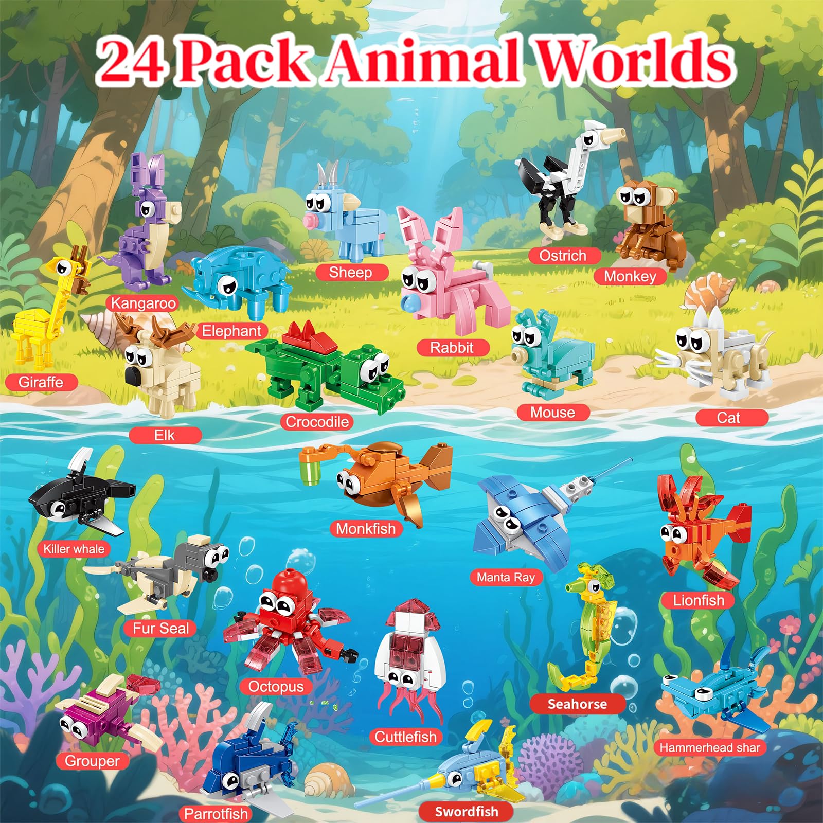 BRAITEN 24 Pack Animal Mini Block Sets – 72 Builds, Party Favors for Kids Ages 6-12