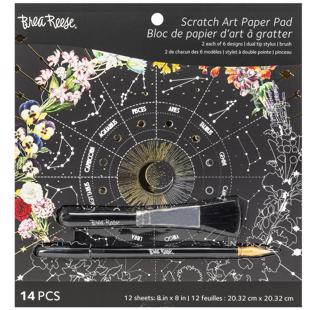 Brea Reese Scratch Art Pad: 12 Celestial 8x8 Metallic Designs for Adult Relaxation