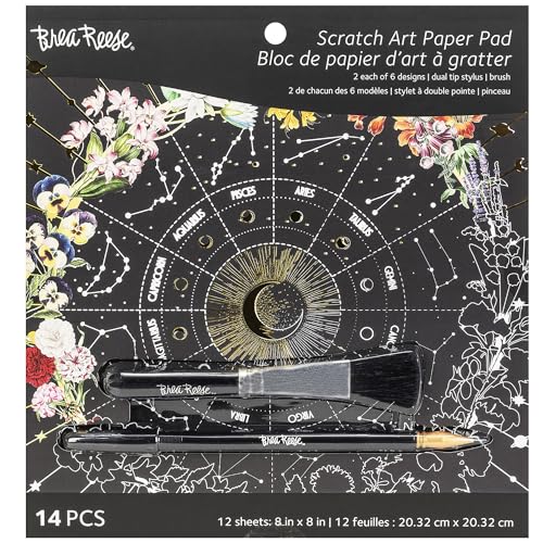 Brea Reese Scratch Art Pad: 12 Celestial 8x8 Metallic Designs for Adult Relaxation