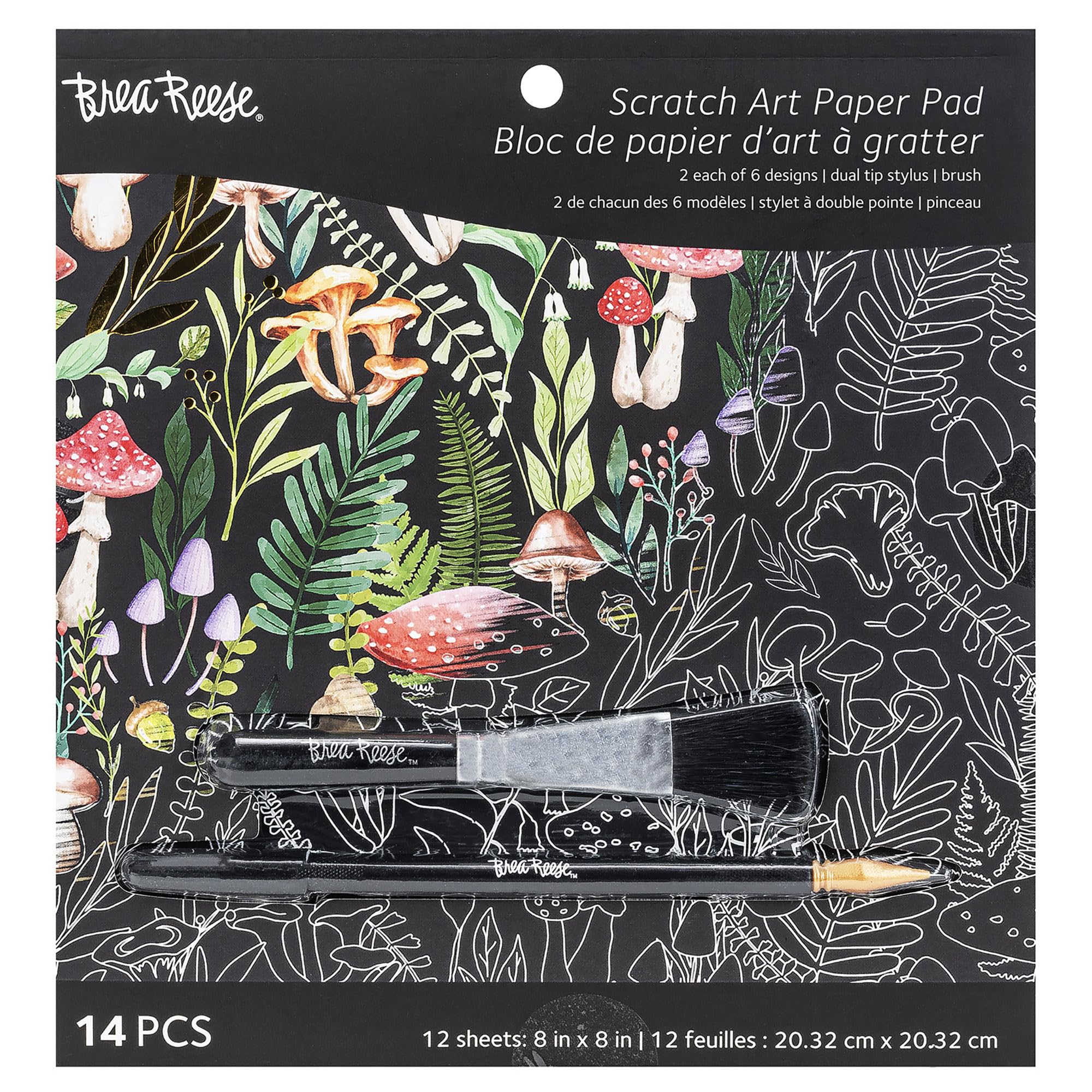 Brea Reese Scratch Art Paper Pad – Nature – 12 Metallic Designs, 8x8 Tear-Out Sheets with Stylus & Brush