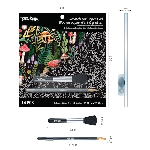 Brea Reese Scratch Art Paper Pad – Nature – 12 Metallic Designs, 8x8 Tear-Out Sheets with Stylus & Brush