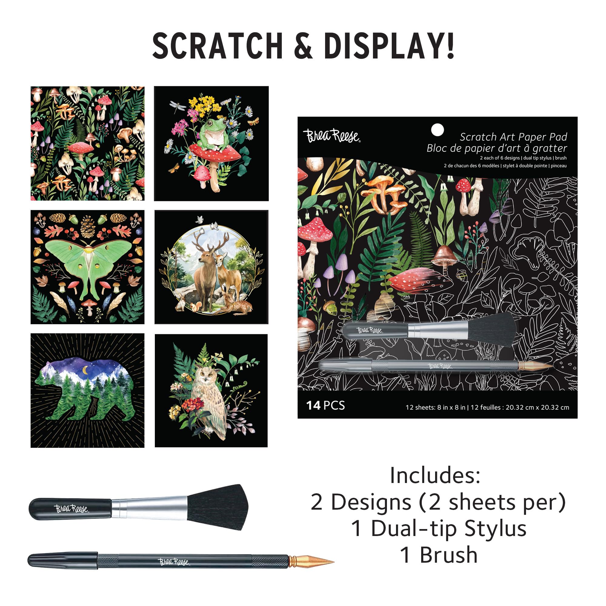 Brea Reese Scratch Art Paper Pad – Nature – 12 Metallic Designs, 8x8 Tear-Out Sheets with Stylus & Brush
