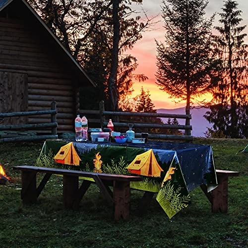 Breling 4-Pack Rectangular Plastic Camping Tablecloths – Waterproof Picnic and Party Table Covers with Campfire Design